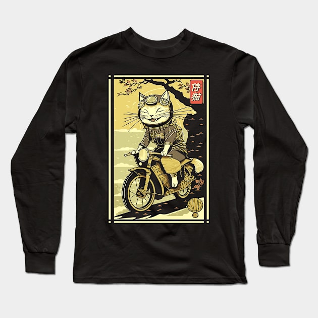 Japanese Samurai Cat on Motorcycle Kawaii Ninja Cat Long Sleeve T-Shirt by Apocatnipse Meow